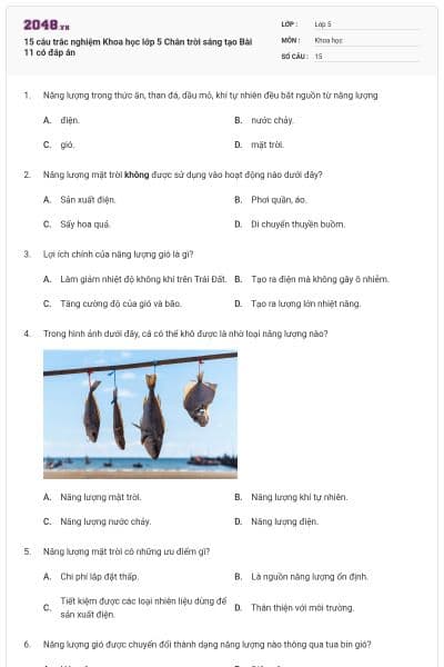 15 câu trắc nghiệm Khoa học lớp 5 Chân trời sáng tạo Bài 11 có đáp án