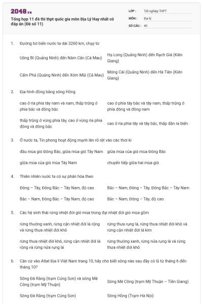 Tổng hợp 11 đề thi thpt quốc gia môn Địa Lý Hay nhất có đáp án (Đề số 11)