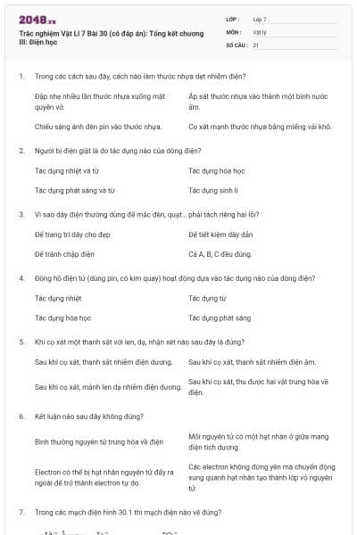 Trắc nghiệm Vật Lí 7 Bài 30 (có đáp án): Tổng kết chương III: Điện học