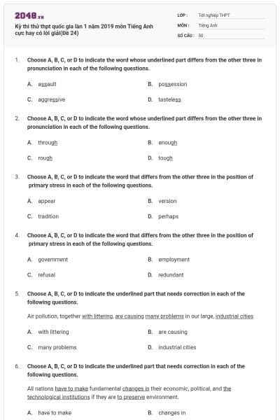 Kỳ thi thử thpt quốc gia lần 1 năm 2019 môn Tiếng Anh cực hay có lời giải(Đề 24)