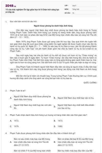 15 câu trắc nghiệm Ôn tập giữa học kì II Chân trời sáng tạo có đáp án