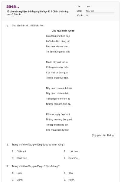 15 câu trắc nghiệm Đánh giá giữa học kì II Chân trời sáng tạo có đáp án