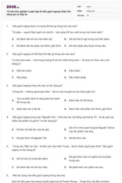 10 câu trắc nghiệm Luyện tập về dấu gạch ngang Chân trời sáng tạo có đáp án