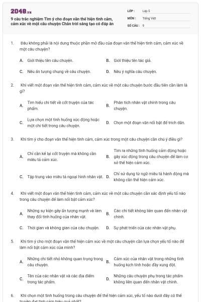 9 câu trắc nghiệm Tìm ý cho đoạn văn thể hiện tình cảm, cảm xúc về một câu chuyện Chân trời sáng tạo có đáp án