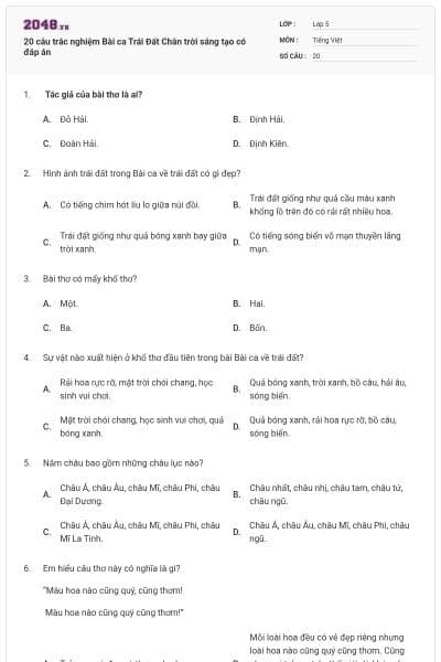 20 câu trắc nghiệm Bài ca Trái Đất Chân trời sáng tạo có đáp án