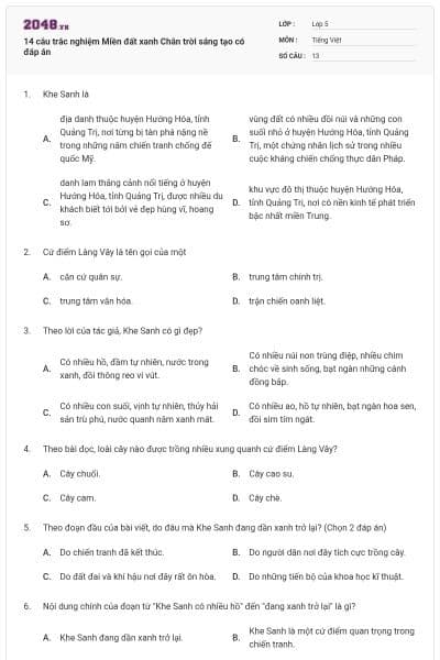 14 câu trắc nghiệm Miền đất xanh Chân trời sáng tạo có đáp án