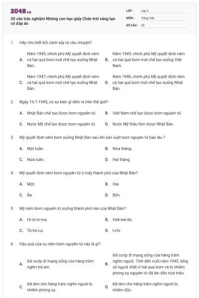 20 câu trắc nghiệm Những con hạc giấy Chân trời sáng tạo có đáp án