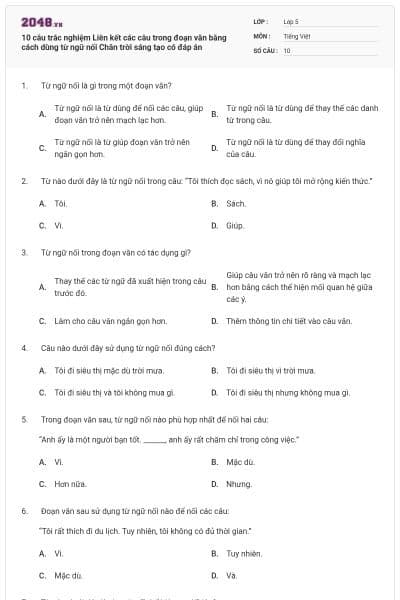 10 câu trắc nghiệm Liên kết các câu trong đoạn văn bằng cách dùng từ ngữ nối Chân trời sáng tạo có đáp án
