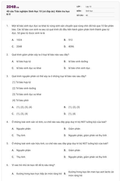 40 câu Trắc nghiệm Sinh Học 10 (có đáp án): Kiểm tra học kì II