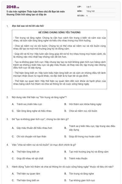5 câu trắc nghiệm Thảo luận theo chủ đề Bạn bè mến thương Chân trời sáng tạo có đáp án