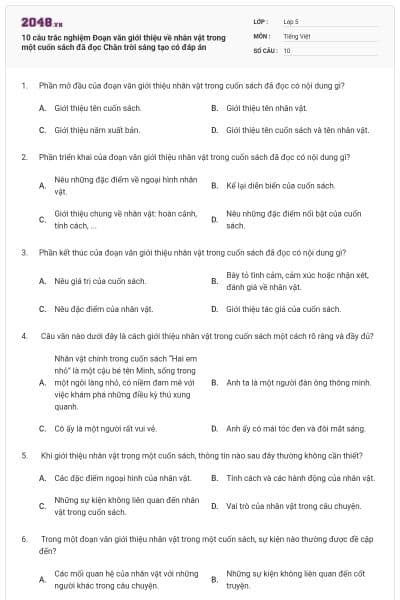 10 câu trắc nghiệm Đoạn văn giới thiệu về nhân vật trong một cuốn sách đã đọc Chân trời sáng tạo có đáp án