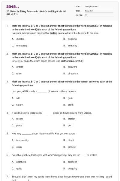 20 Đề ôn thi Tiếng Anh chuẩn cấu trúc có lời giải chi tiết (Đề số 11)