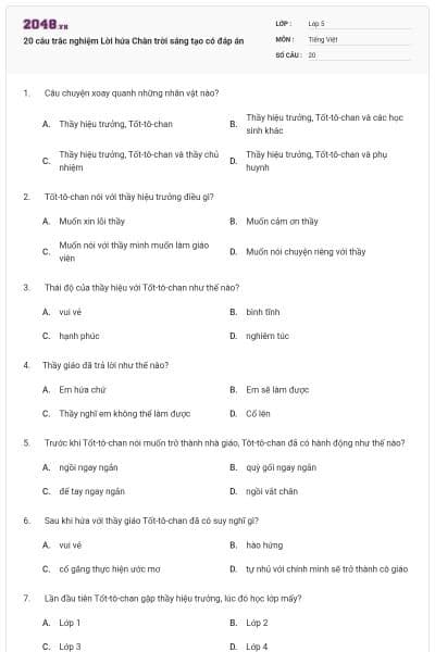 20 câu trắc nghiệm Lời hứa Chân trời sáng tạo có đáp án