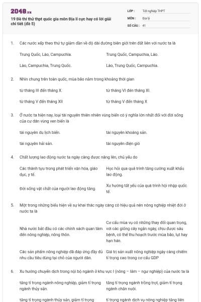 19 Đề thi thử thpt quốc gia môn Địa lí cực hay có lời giải chi tiết (đề 5)