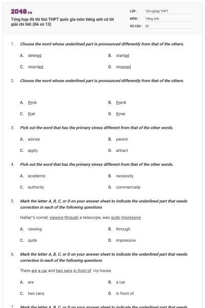 Tổng hợp đề thi thử THPT quốc gia môn tiếng anh có lời giải chi tiết (Đề số 13)