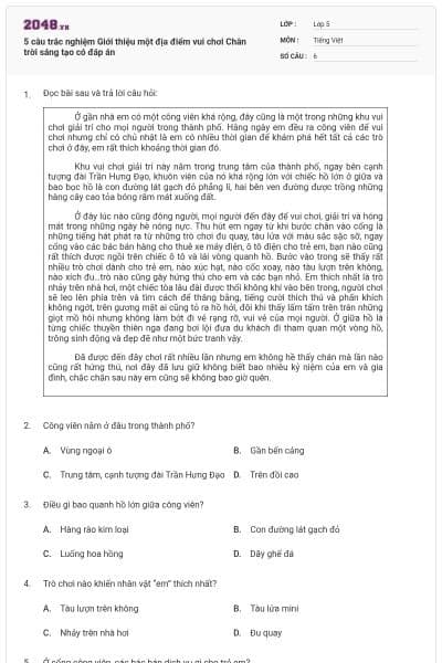 5 câu trắc nghiệm Giới thiệu một địa điểm vui chơi Chân trời sáng tạo có đáp án