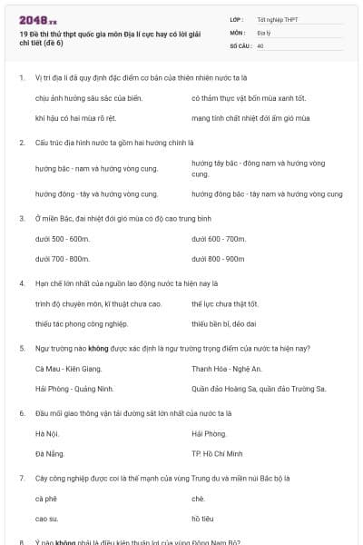 19 Đề thi thử thpt quốc gia môn Địa lí cực hay có lời giải chi tiết (đề 6)