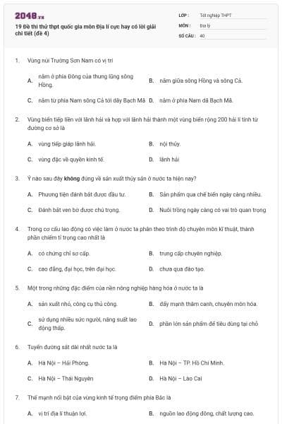 19 Đề thi thử thpt quốc gia môn Địa lí cực hay có lời giải chi tiết (đề 4)