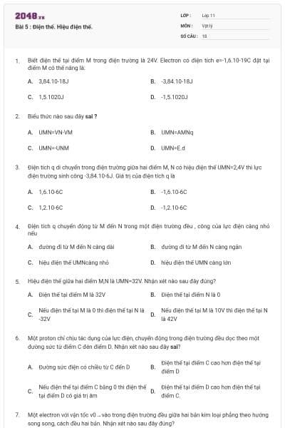 Bài 5 : Điện thế. Hiệu điện thế.