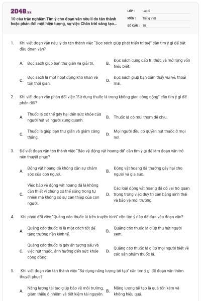 10 câu trắc nghiệm Tìm ý cho đoạn văn nêu lí do tán thành hoặc phản đối một hiện tượng, sự việc Chân trời sáng tạo có đáp án
