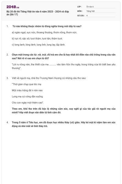 Bộ 20 đề thi Tiếng Việt ôn vào 6 năm 2023 - 2024 có đáp án (Đề 17)