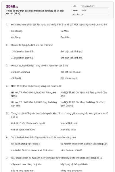 19 Đề thi thử thpt quốc gia môn Địa lí cực hay có lời giải chi tiết (đề 8)