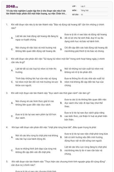 10 câu trắc nghiệm Luyện tập tìm ý cho đoạn văn nêu lí do tán thành hoặc phản đối một hiện tượng, sự việc Chân trời sáng tạo có đáp án