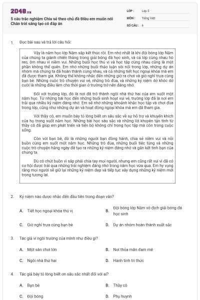 5 câu trắc nghiệm Chia sẻ theo chủ đề Điều em muốn nói Chân trời sáng tạo có đáp án
