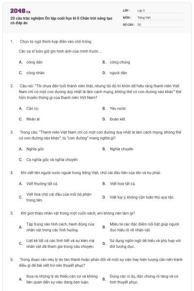 20 câu trắc nghiệm Ôn tập cuối học kì II Chân trời sáng tạo có đáp án