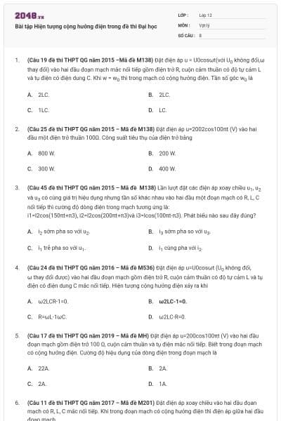 Bài tập Hiện tượng cộng hưởng điện trong đề thi Đại học