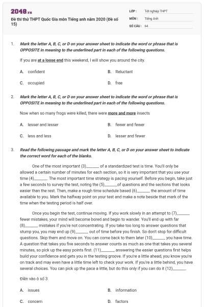 Đề thi thử THPT Quốc Gia môn Tiếng anh năm 2020 (Đề số 15)