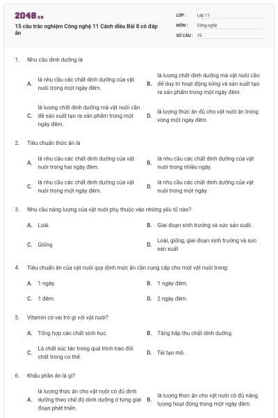 15 câu trắc nghiệm Công nghệ 11 Cánh diều Bài 8 có đáp án
