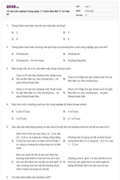 15 câu trắc nghiệm Công nghệ 11 Cánh diều Bài 17 có đáp án