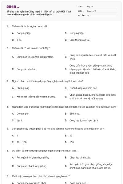 15 câu trắc nghiệm Công nghệ 11 Kết nối tri thức Bài 1 Vai trò và triển vọng của chăn nuôi có đáp án