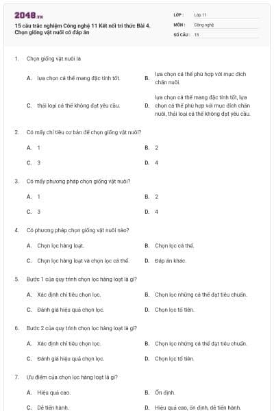 15 câu trắc nghiệm Công nghệ 11 Kết nối tri thức Bài 4. Chọn giống vật nuôi có đáp án