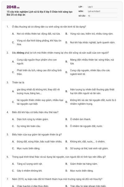 15 câu trắc nghiệm Lịch sử & Địa lí lớp 5 Chân trời sáng tạo Bài 25 có đáp án