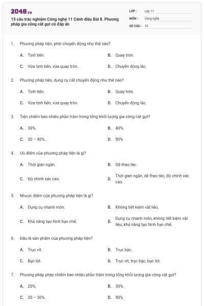 15 câu trắc nghiệm Công nghệ 11 Cánh diều Bài 8. Phương pháp gia công cắt gọt có đáp án