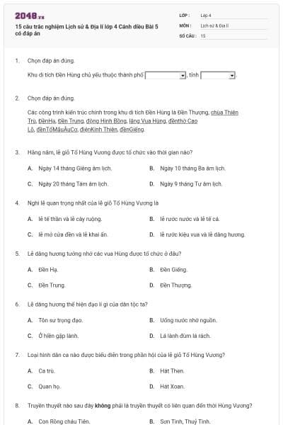 15 câu trắc nghiệm Lịch sử & Địa lí lớp 4 Cánh diều Bài 5 có đáp án
