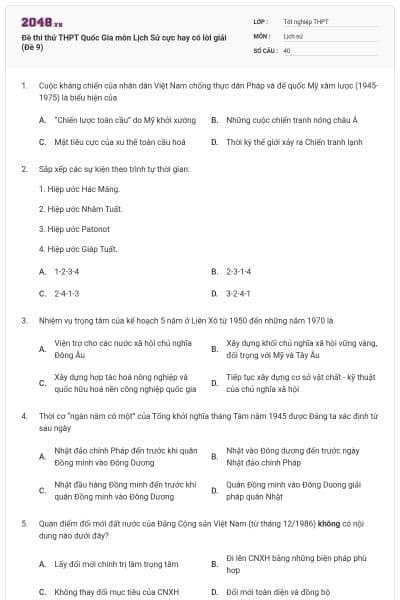 Đề thi thử THPT Quốc Gia môn Lịch Sử cực hay có lời giải (Đề 9)