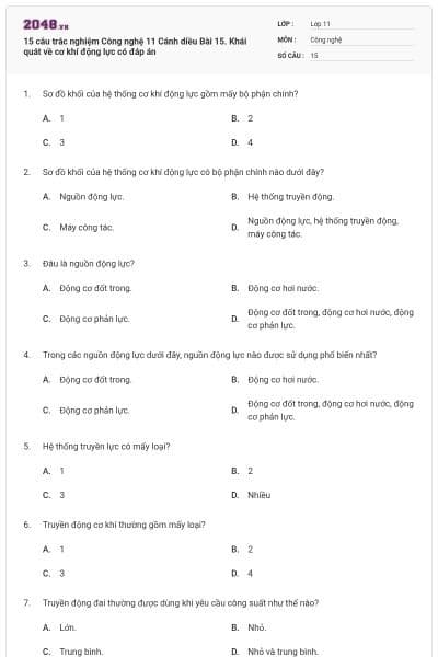 15 câu trắc nghiệm Công nghệ 11 Cánh diều Bài 15. Khái quát về cơ khí động lực có đáp án
