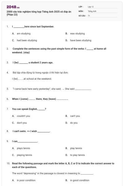 2000 câu trắc nghiệm tổng hợp Tiếng Anh 2025 có đáp án (Phần 23)