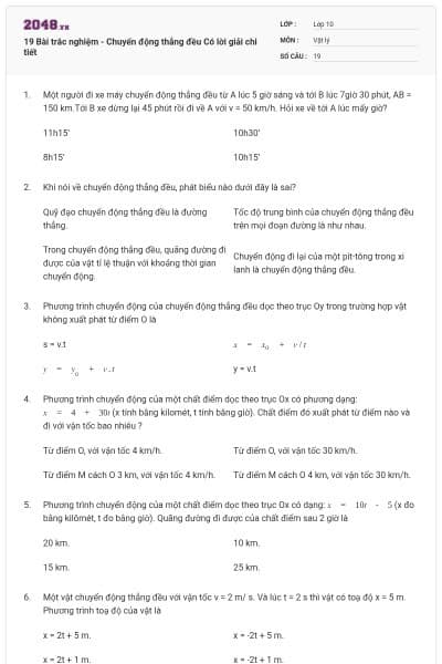 19 Bài trắc nghiệm - Chuyển động thẳng đều Có lời giải chi tiết