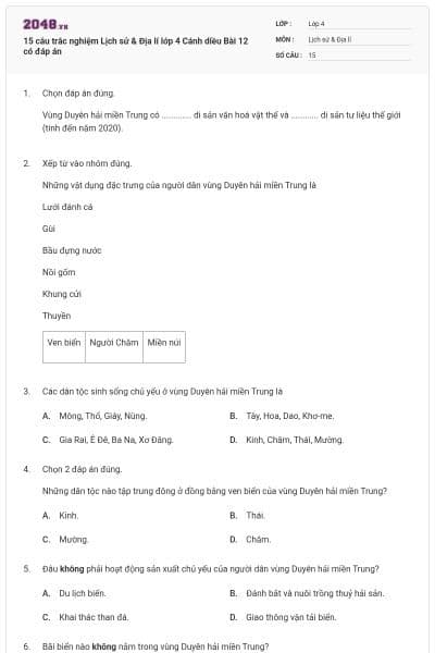 15 câu trắc nghiệm Lịch sử & Địa lí lớp 4 Cánh diều Bài 12 có đáp án