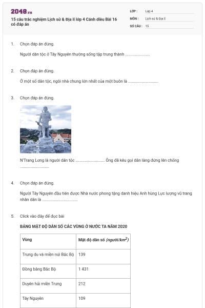 15 câu trắc nghiệm Lịch sử & Địa lí lớp 4 Cánh diều Bài 16 có đáp án