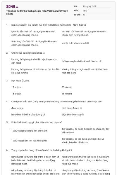 Tổng hợp đề thi thử thpt quốc gia môn Vật lí năm 2019 (đề số 21)