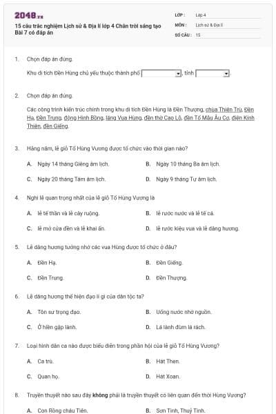 15 câu trắc nghiệm Lịch sử & Địa lí lớp 4 Chân trời sáng tạo Bài 7 có đáp án