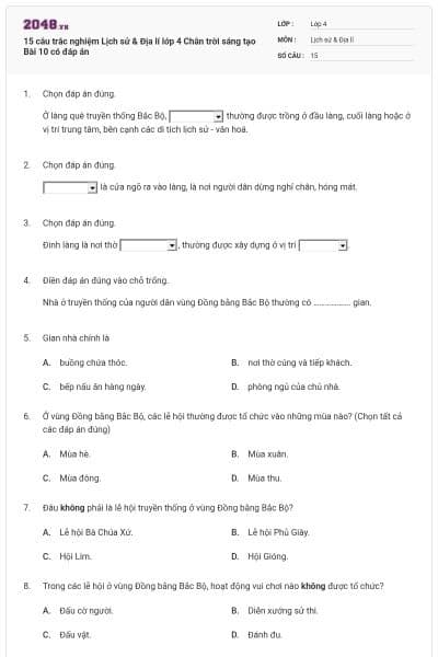 15 câu trắc nghiệm Lịch sử & Địa lí lớp 4 Chân trời sáng tạo Bài 10 có đáp án