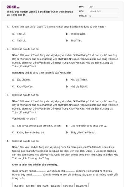 15 câu trắc nghiệm Lịch sử & Địa lí lớp 4 Chân trời sáng tạo Bài 13 có đáp án