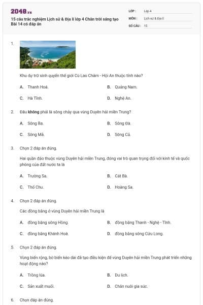15 câu trắc nghiệm Lịch sử & Địa lí lớp 4 Chân trời sáng tạo Bài 14 có đáp án