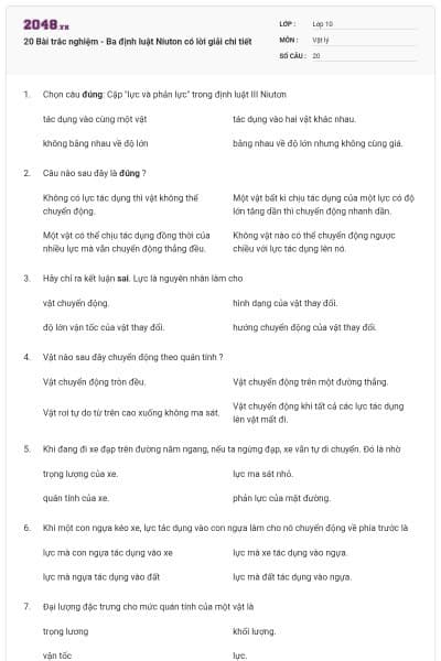 20 Bài trắc nghiệm - Ba định luật Niuton có lời giải chi tiết